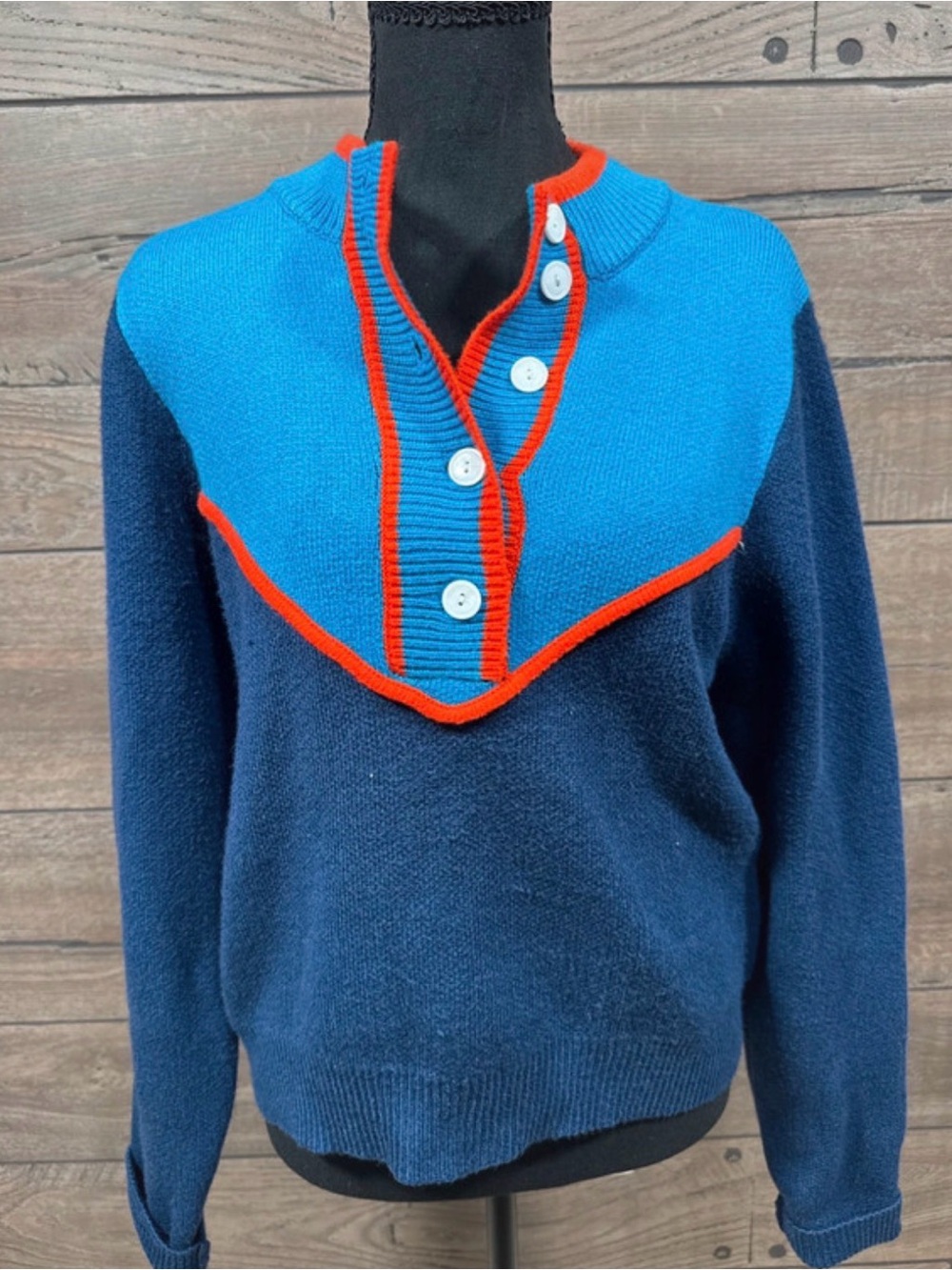 THML Navy Sweater with Bright Blue Yoke and Red Trim